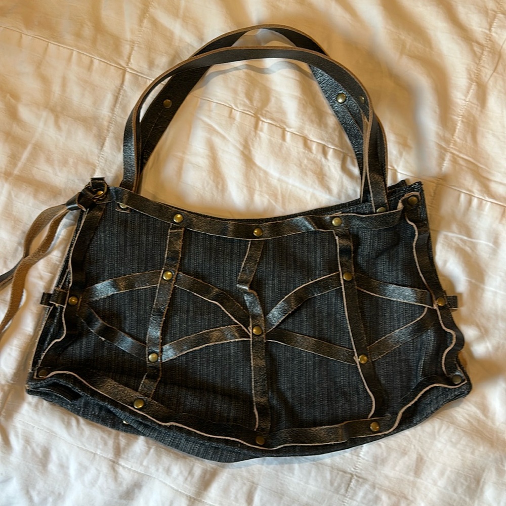 BCBGMAXAZRIA Denim Shoulder Bag with magnetic button closure